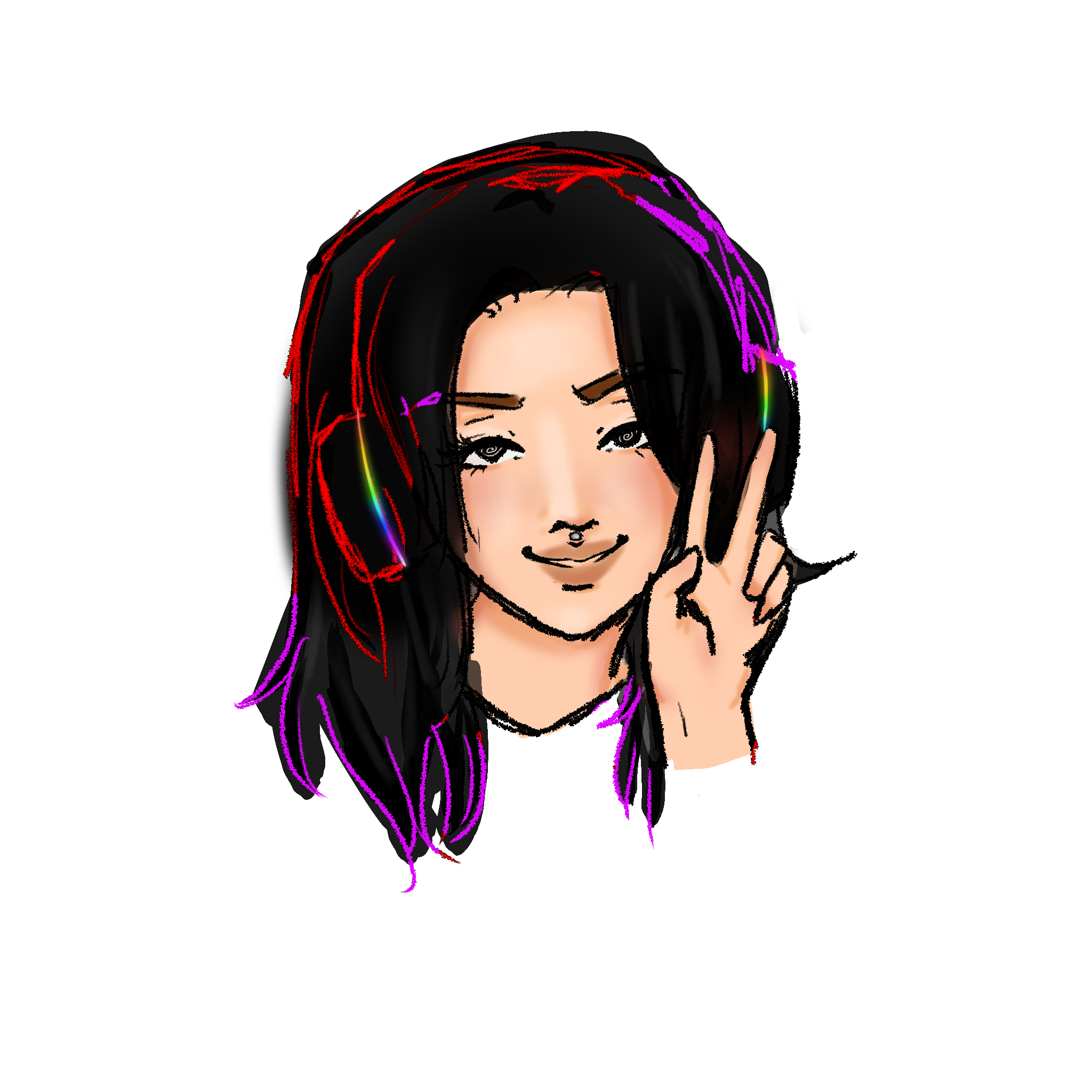 girl holding up peace sign with headphones and a slight smile with medusa piercing
